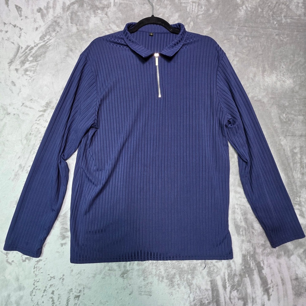 Navy Blue Ribbed Quarter Zip Long Sleeve Pullover Top Large